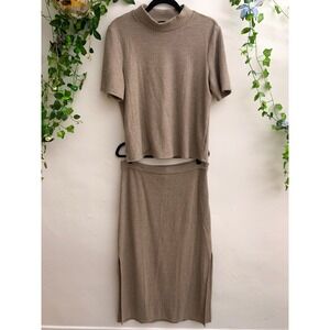 Halogen Ribbed Brown Knit Midi Skirt and Top Set